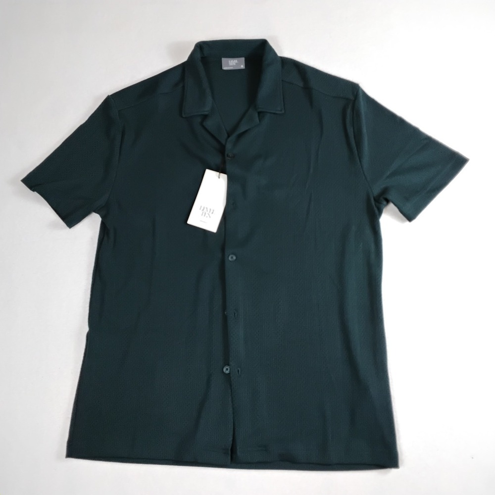Level Ten Originals Mens S Dark Green Textured Camp Collar Button Shirt NWT
